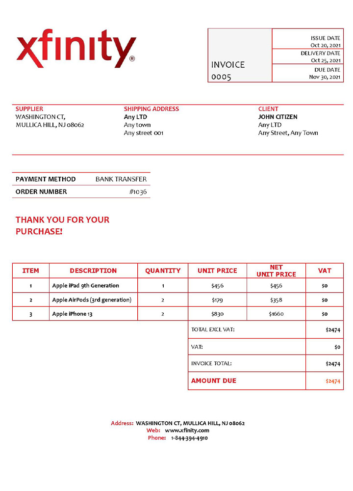 USA Xfinity invoice template PSD template